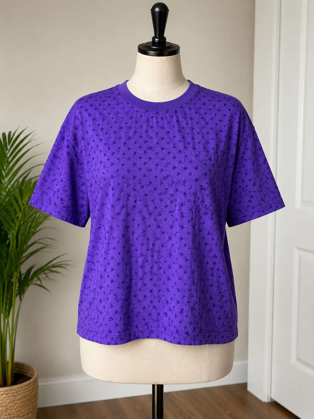 Bryn Connelly Purple Embroidered Eyelet Boxy Pocket Cotton Top Large Boho 80/90s